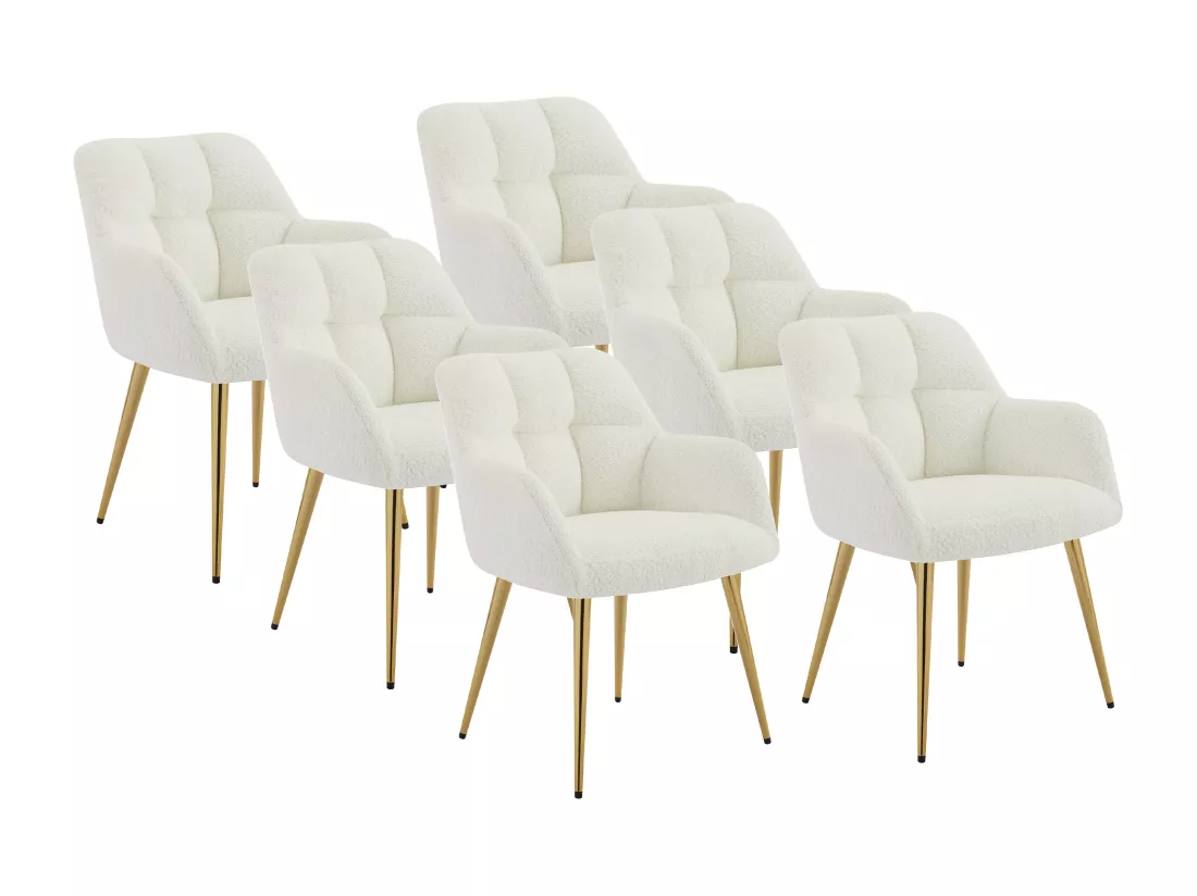 Lot de 6 chaises avec accoudoirs - Tissu bouclette et métal doré - Blanc - PEGA de Pascal MORABITO