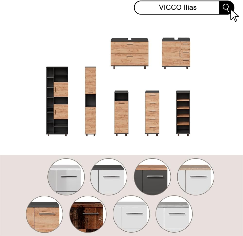 Vicco Waschbeckenunterschrank Weiß Ilias 80x61x33 cm - Unterschrank Badezimmer, Übersichtliche Aufbewahrung durch großzügige Schublade