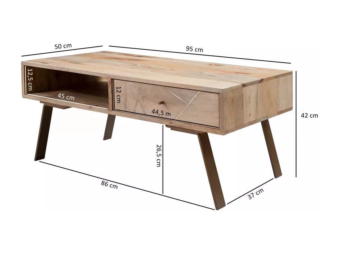 Table basse Sikar 95X42X50Cm En Bois Massif Solide / Métal Manguier