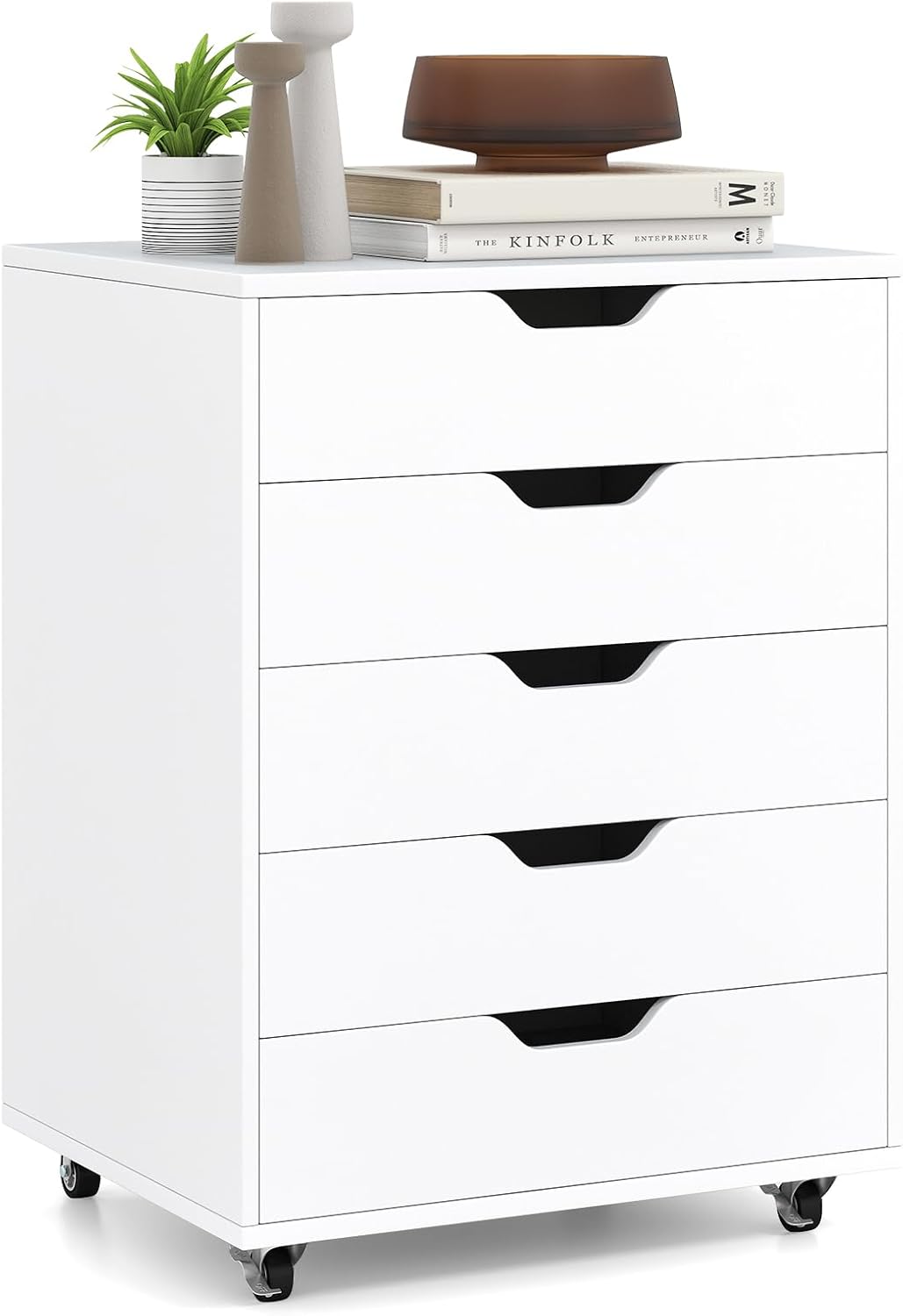 KOMFOTTEU Rollcontainer mit Schubladen, mobiler Aktenschrank Schubladenschrank mit Räder, Bürowagen Druckerständer weiß, Büroschrank für Akten, Dokumente, 49x42x66cm (Weiß)