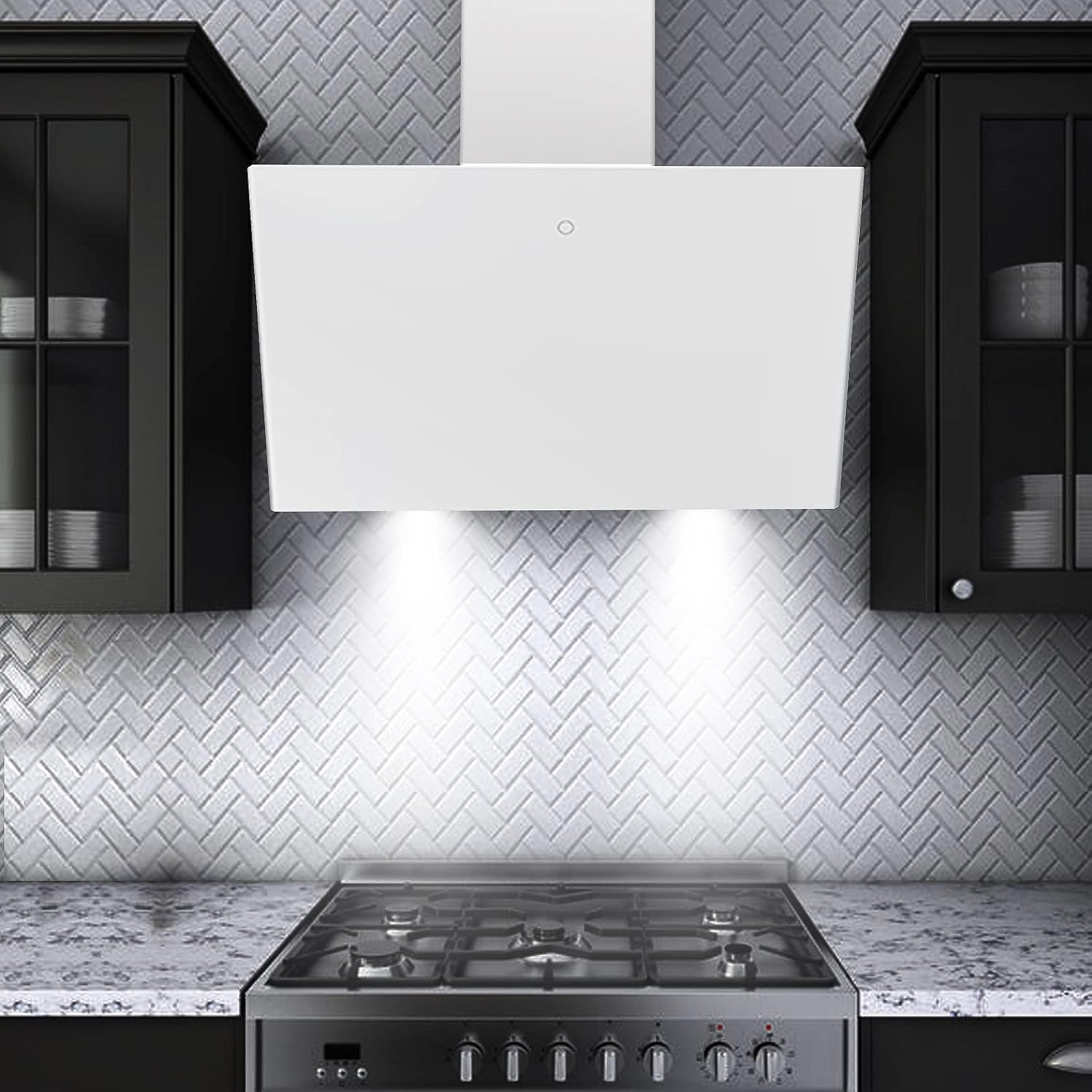 SNDOAS Dunstabzugshaube 60cm, Kopffreie Wandhaube mit 700 m³/h Starker Saugleistung, 3 Leistungsstufen, LED-Anzeige Touchscreen, Verzögerungs-Ausschaltfunktion, Abluft/Umluft, Weiß