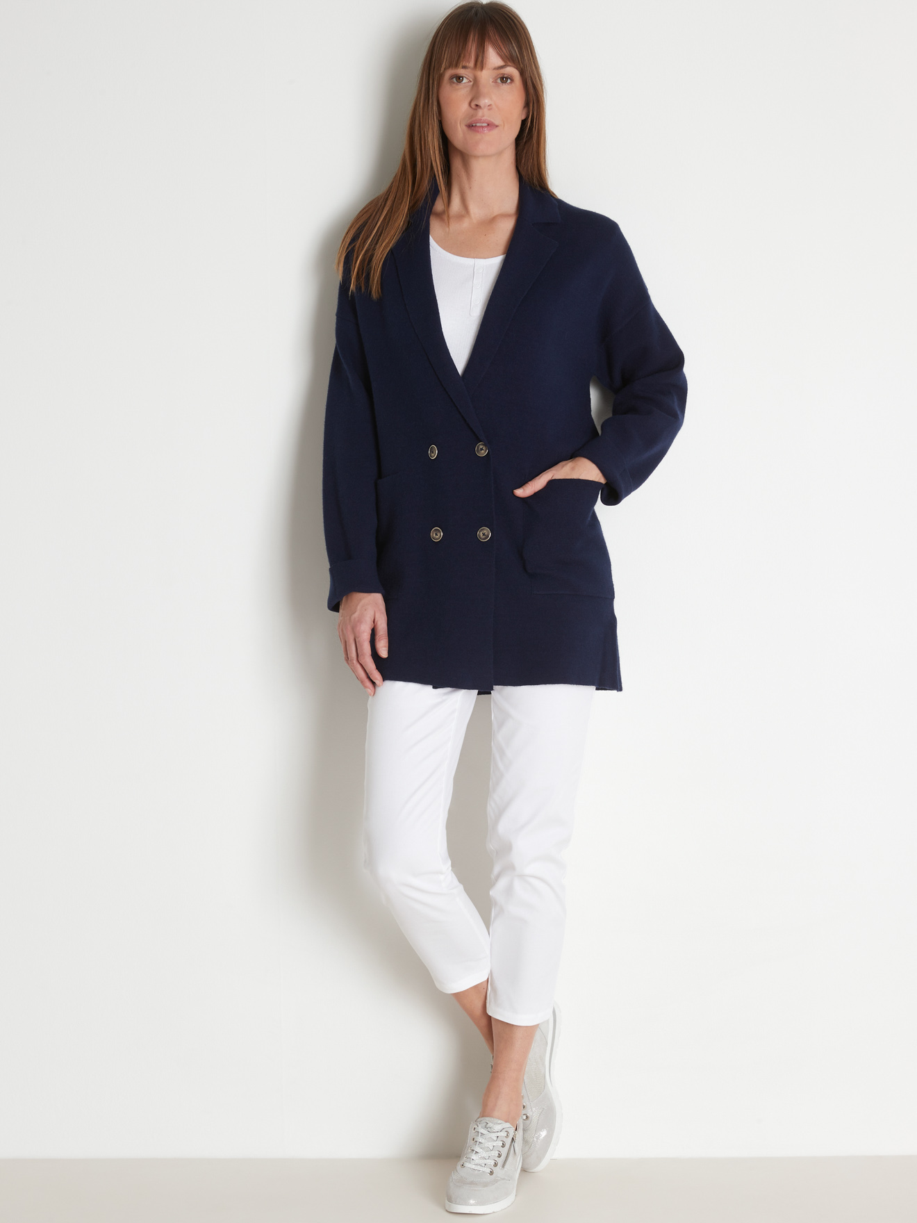 Veste longue croisée en maille milano