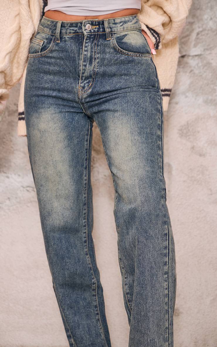 Indigo Vintage Wash Jean Droit À Ourlet Effiloché