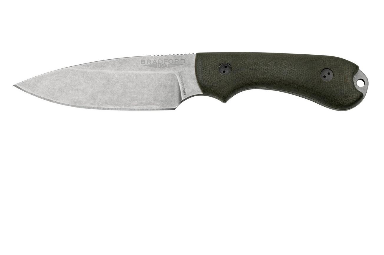 Bradford Knives Guardian 3, 3S-102-MC, 3D OD Green Micarta, CPM-Magnacut, Sabre Grind, Stonewash Finish, vaststaand mes