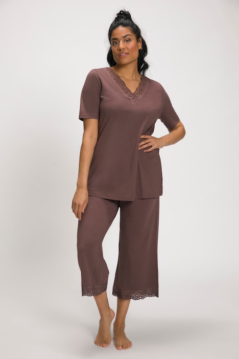 Pyjama, Lochstickerei, V-Ausschnitt, Halbarm, Modalmix