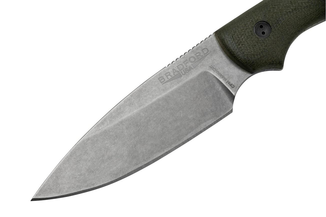 Bradford Knives Guardian 3, 3S-102-MC, 3D OD Green Micarta, CPM-Magnacut, Sabre Grind, Stonewash Finish, vaststaand mes