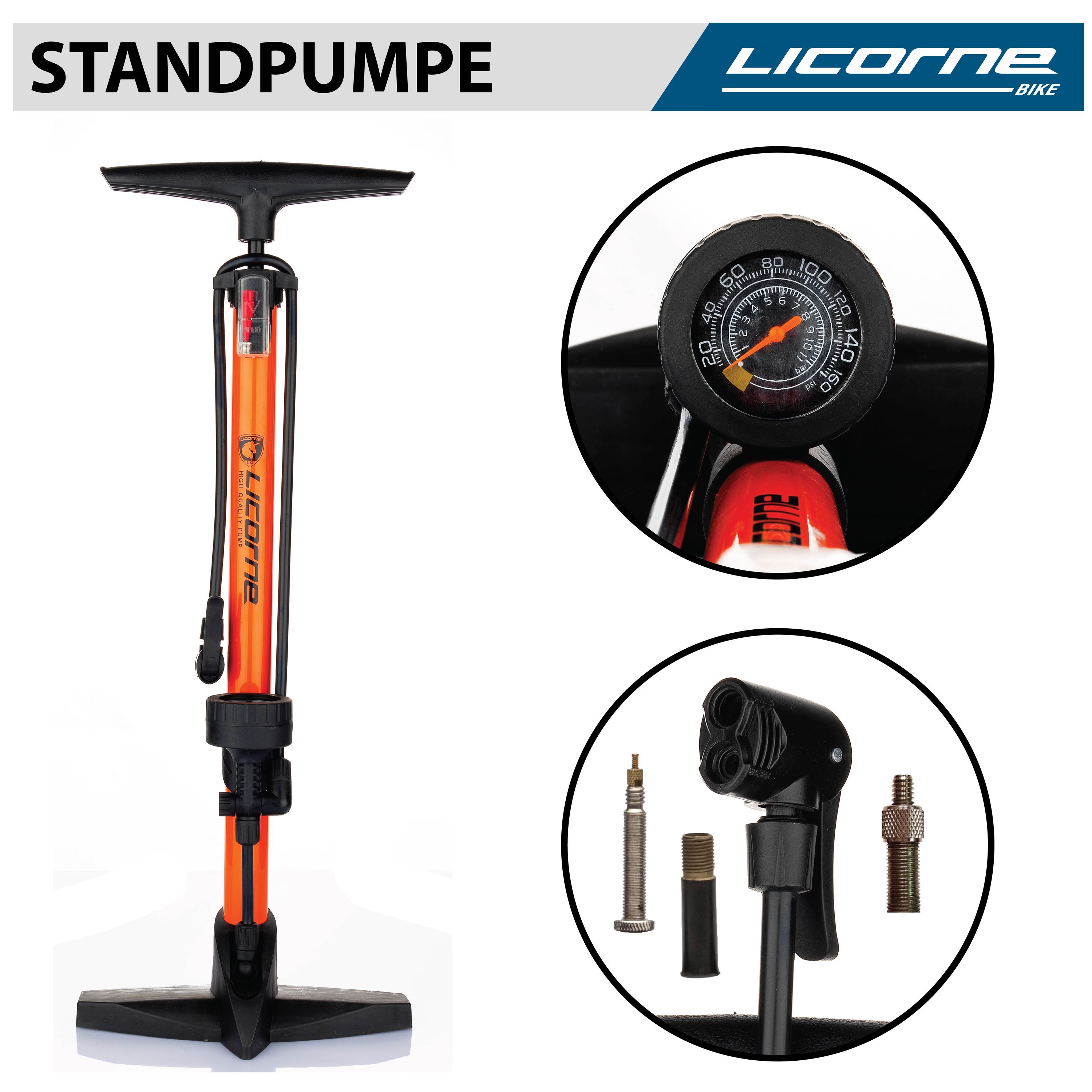 Licorne Bike Standpumpe, Klappbare Standfüße, Fahrradpumpe mit großem Manometer zur Druckanzeige, Dualkopf passend für alle Ventile (Dunlop Ventil, Französisches Ventil, Auto Ventil) (Orange)