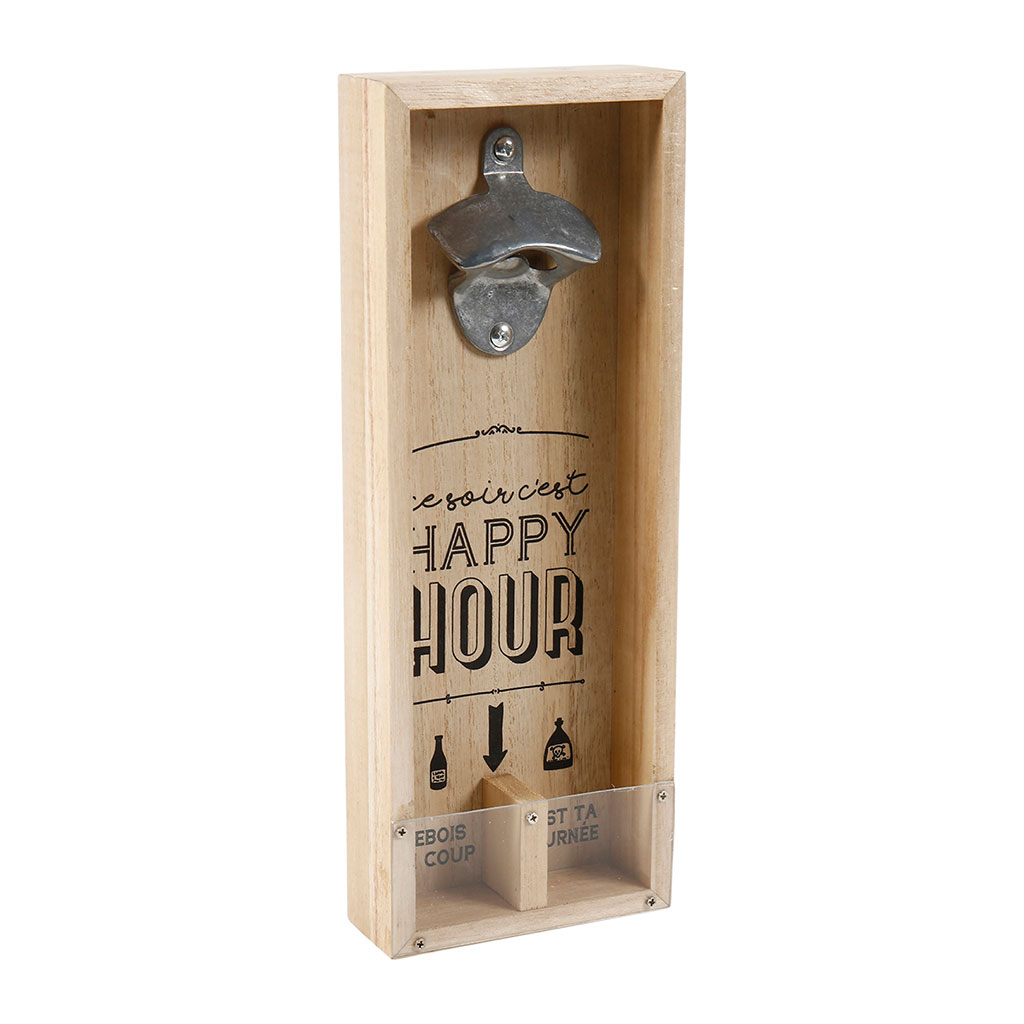 Décapsuleur mural bois happy hour 11x30cm