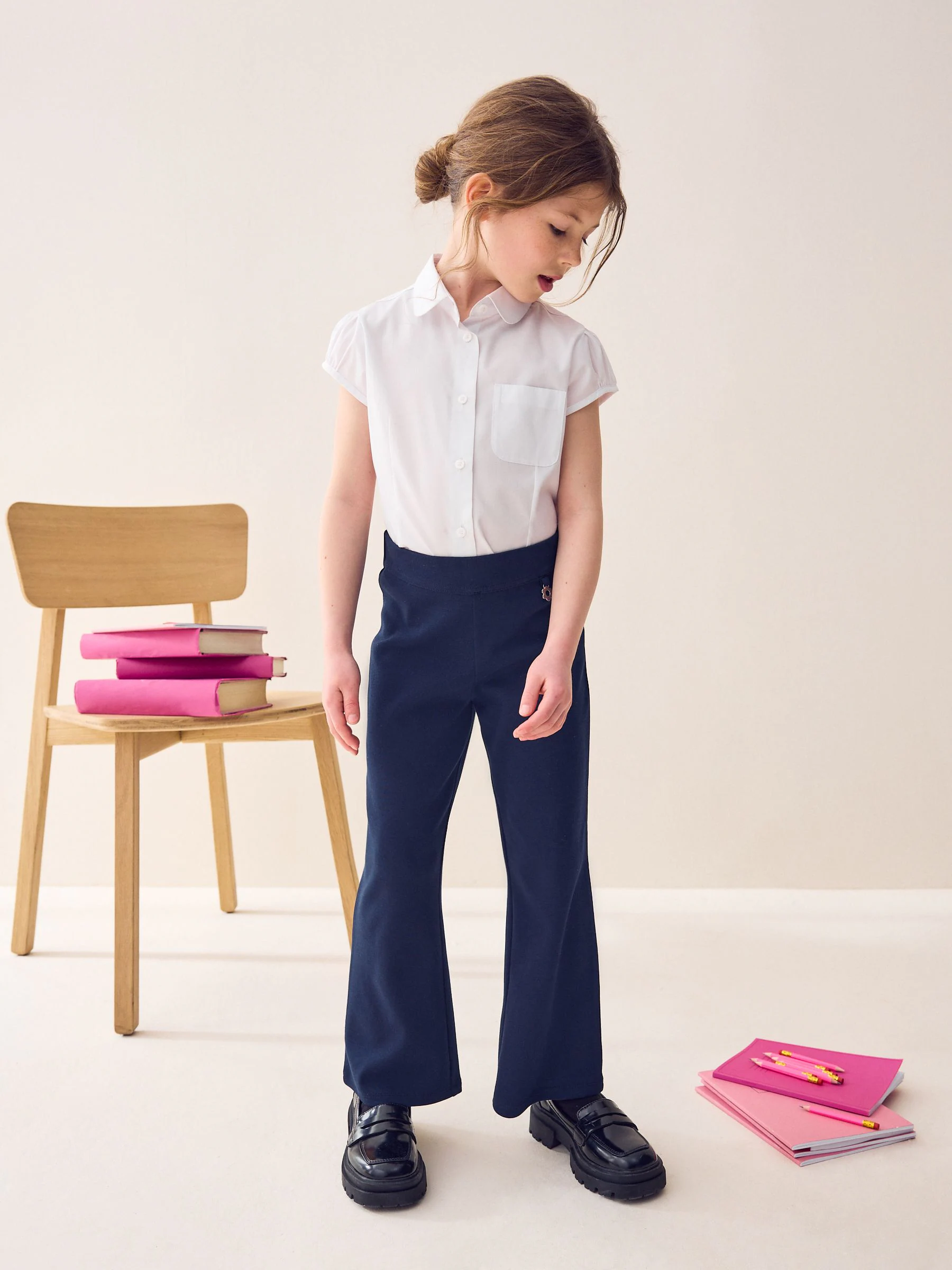 Donkerblauw - Schoolbroek met hoog aandeel katoen, stretchy, bootcut en elastische tailleband (3 - 16 jr)