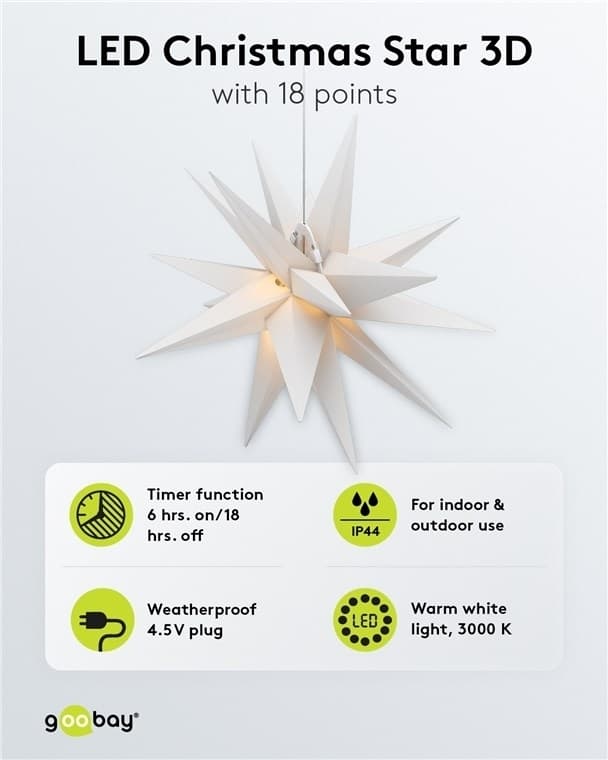 Goobay LED julestjerne 3D, Ø 56 cm, 4,5 V udendørs transformer med timer og 18 spidser, varm hvid (3000 K), af vejrbestandig plast (IP44), 9,5 m kabel