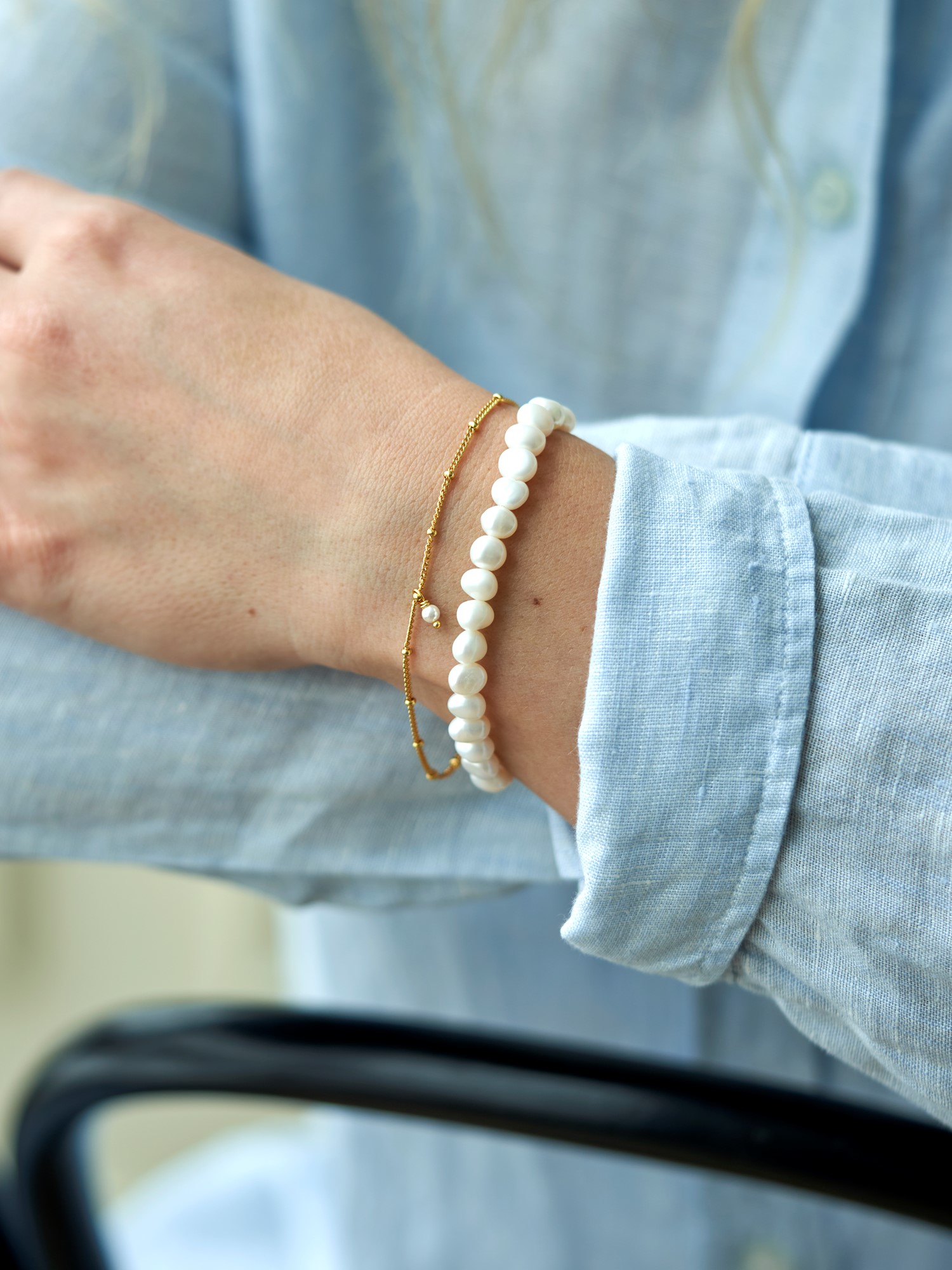 Timeless Pearl-armbånd | 925 sterling sølv/18k forgyldt/ferskvandsperler. 16,5-22,4 cm. 1 stk. | White | & Copenhagen