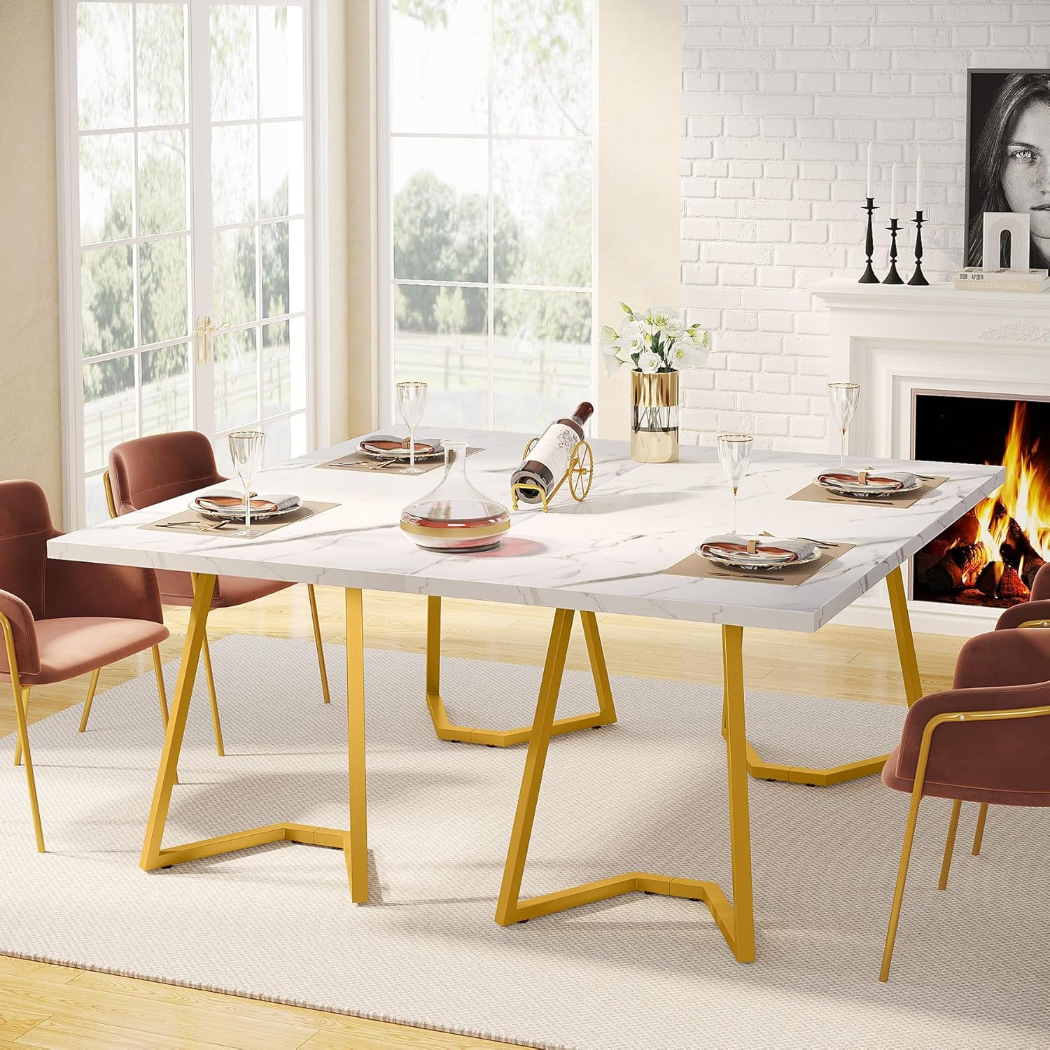 Tribesigns Moderner Goldener Esstisch,140X80 cm weißer Küchentisch mit goldfarbenen Metallbeinen, künstlicher Marmor, Kleiner Esszimmer-Küchentisch für 4-6 Personen, rechteckiger Esstisch für Wohnung HV0886085