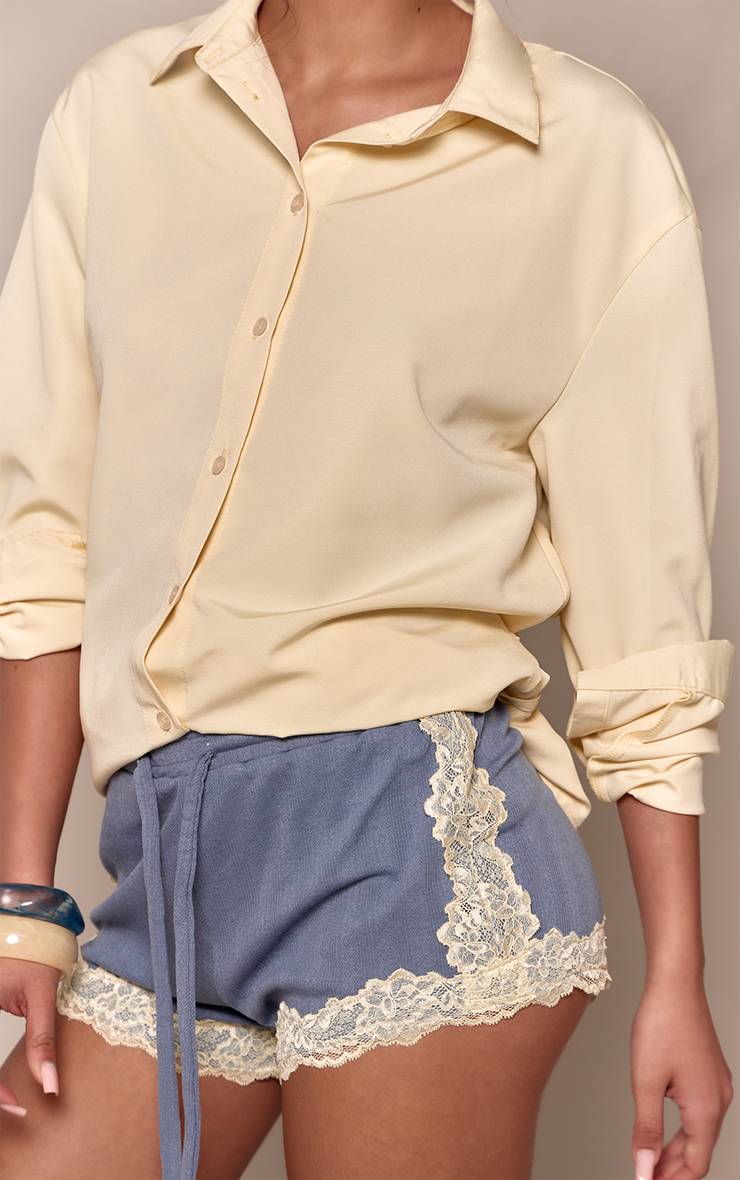 Bleu Short Taille Haute En Pointelle Avec Bordure En Dentelle
