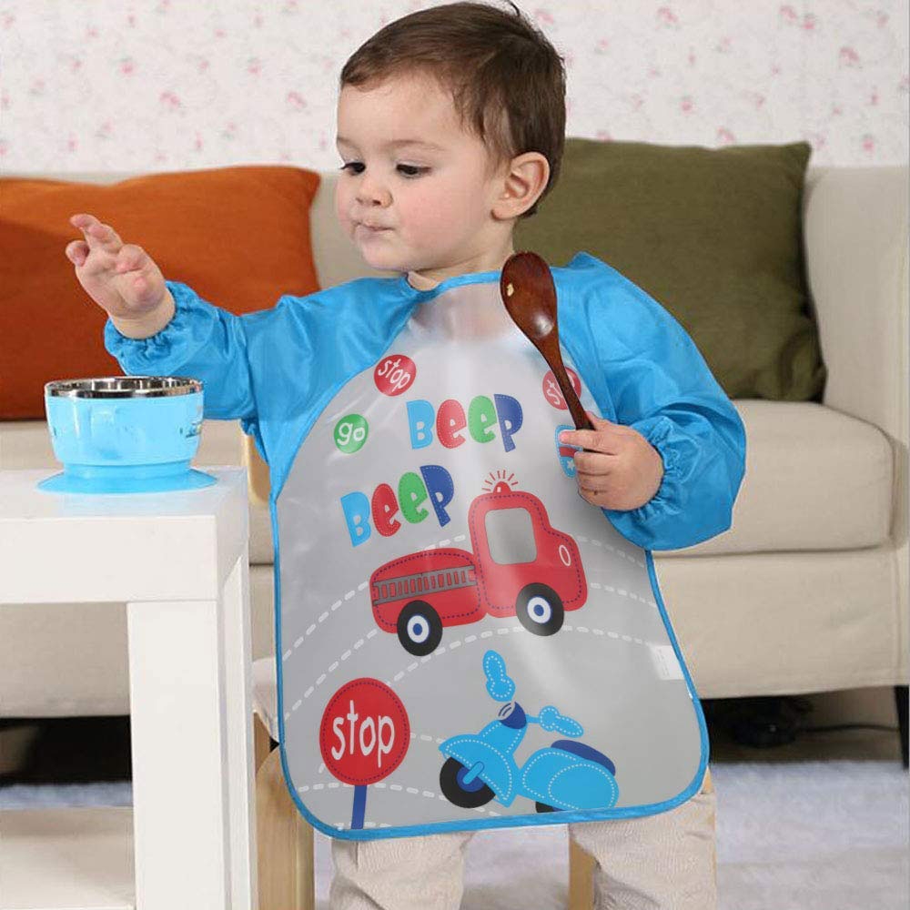 (3er Set) Kinder Lätzchen mit langen Ärmeln (One Size) - Blau / Grün / Gelb