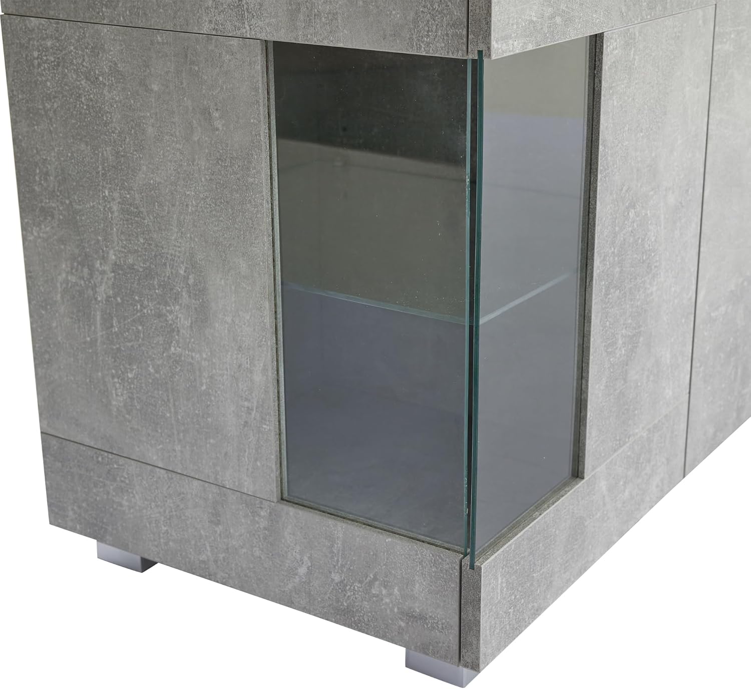 Merax Sideboard mit LED-Beleuchtung, Hochglanz Kommode Anrichte Schrank mit 4 Türen & Offene Staufächer, Mehrzweckschrank mit Glastüren, Aufbewahrungsschrank für Wohnzimmer, Esszimmer, Zementfarbener
