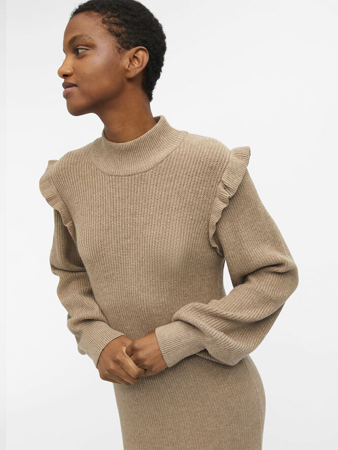 Object OBJMALENA L/S RUFFLE KNIT DRESS NOO Fossil/melange