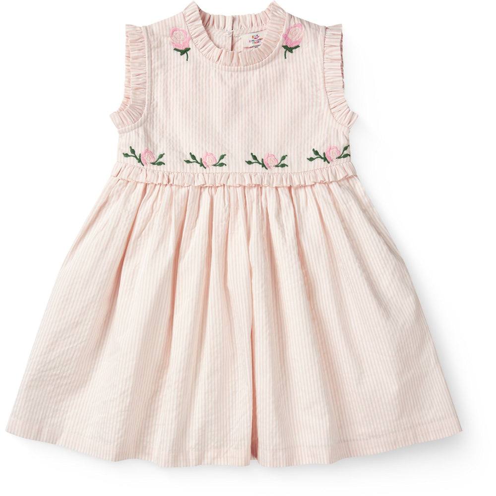 Køb COPENHAGEN COLORS Dusty Rose W Cream Stripe Seersucker Kjole W. Ruffles Og Emb.