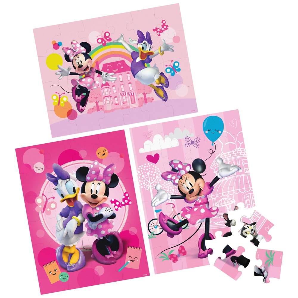 Minnie Maus Holzpuzzles, 3er-Pack in Holzaufbewahrungsschale, Sortiment