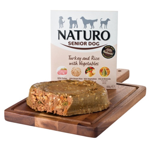 Naturo Senior, pote de ração para cães com peru e arroz.