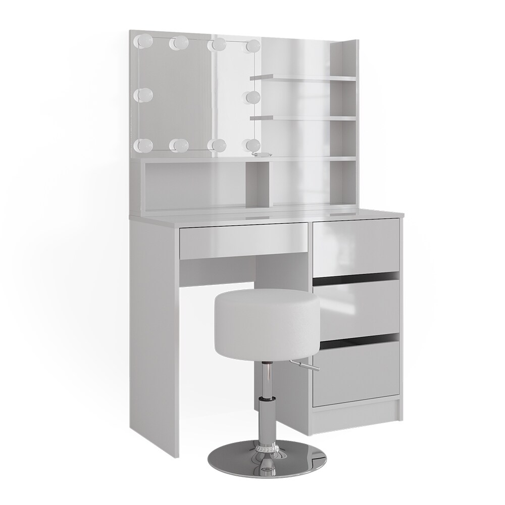 Vicco Schminktisch Sherry Weiß Hochglanz 90 x 75 cm Spiegel LED & Hocker Regal
