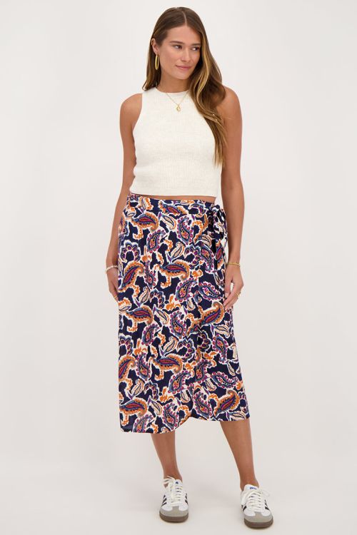 Donkerblauwe midi wikkelrok met paisleyprint