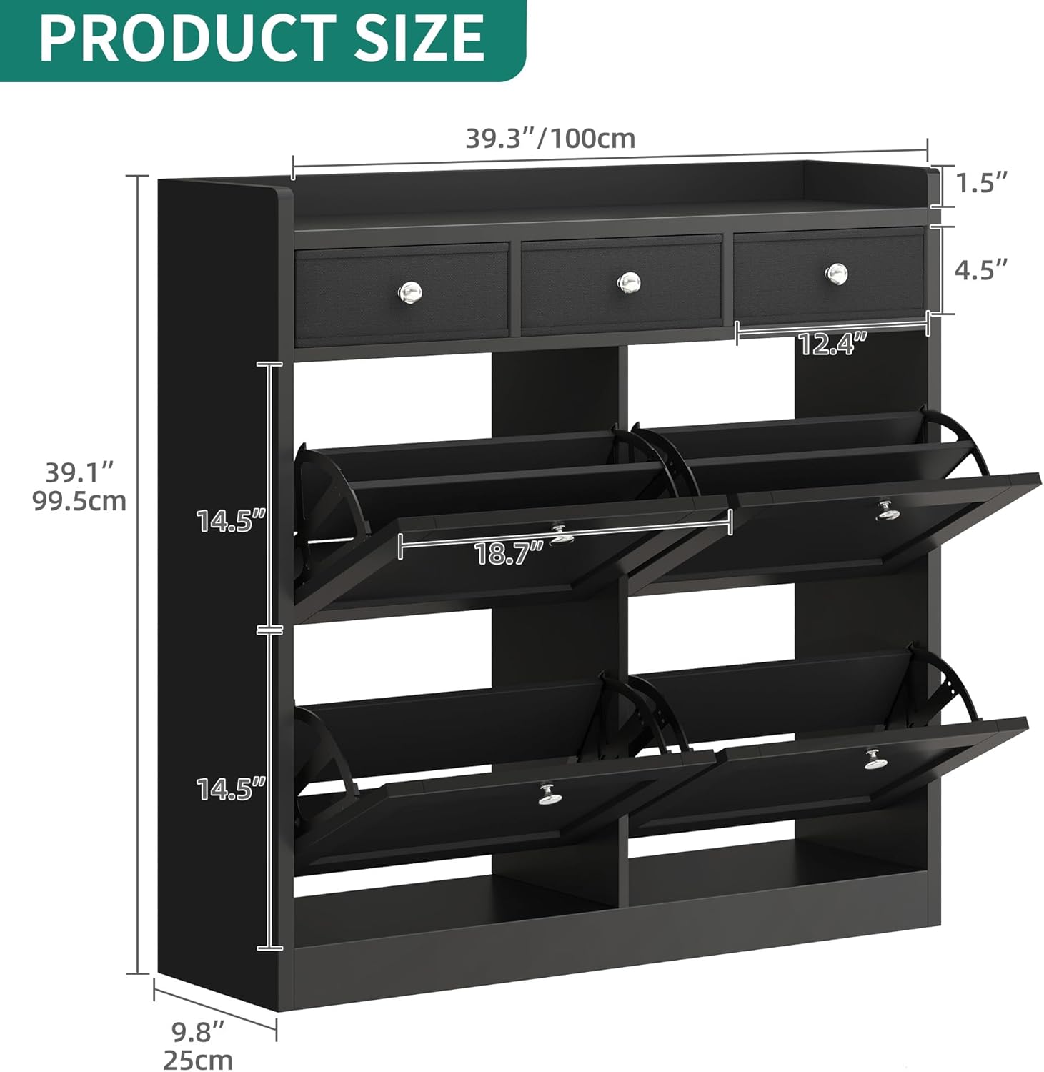 YITAHOME Schuhschrank, Schuhregal Schuhkipper Schmal, Schuhschrank schwarz mit 4 Klappen, Shoe Cabinet Schuhkommode schuhschrank mit Schublade für Eingangsbereich, Flur (schwarz)