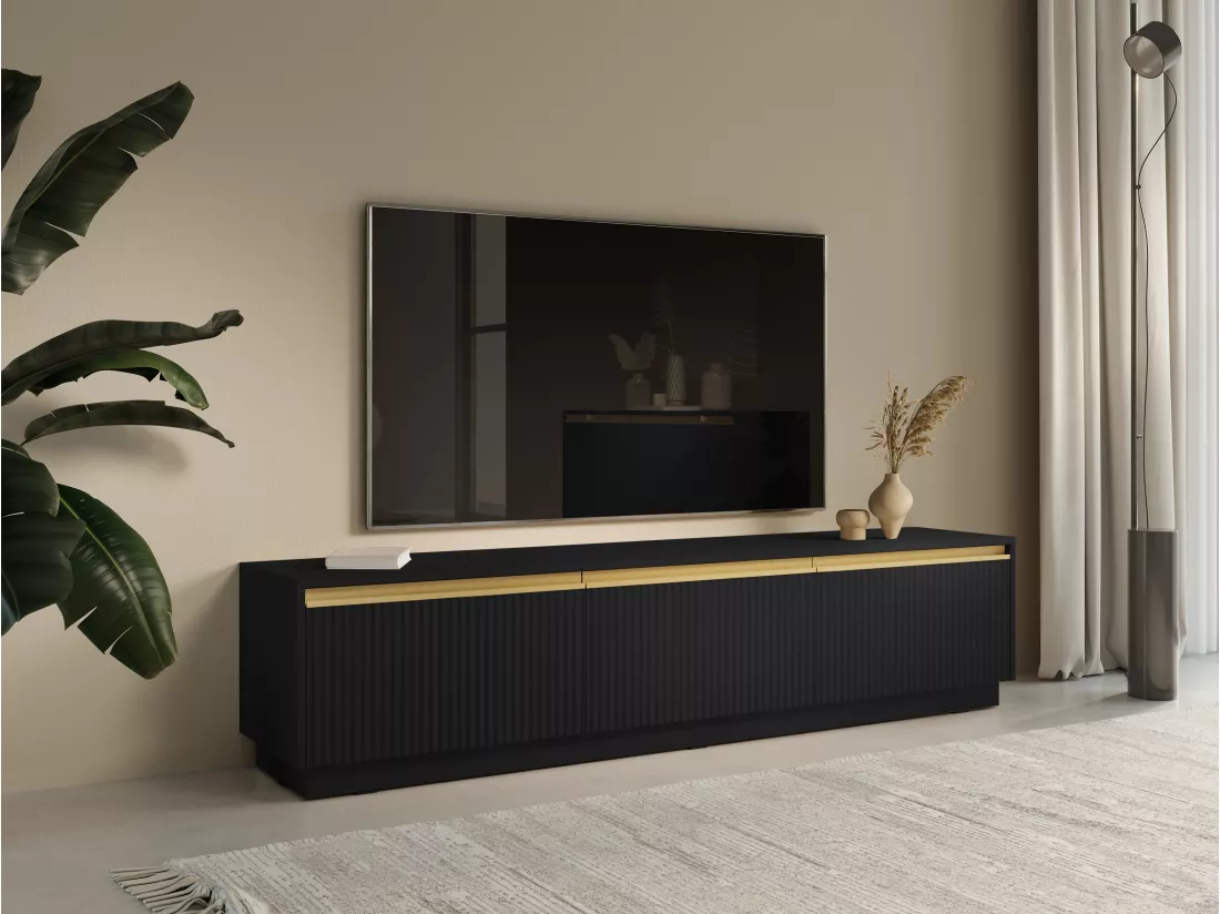 Meuble TV suspendu ou à poser avec 3 portes en MDF - Noir et doré - POSINIA de Pascal MORABITO