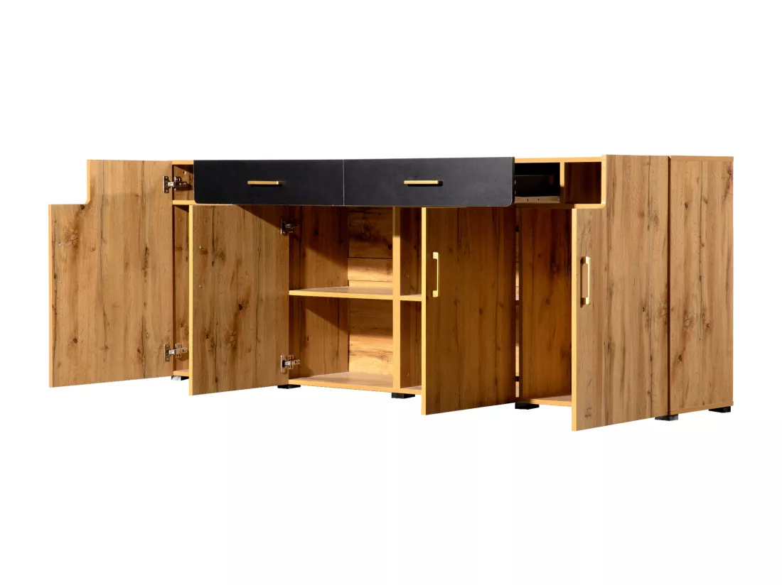 Buffet effet bois et noir 4 portes 2 tiroirs poignées dorés 208x39,5x80cm HERNON