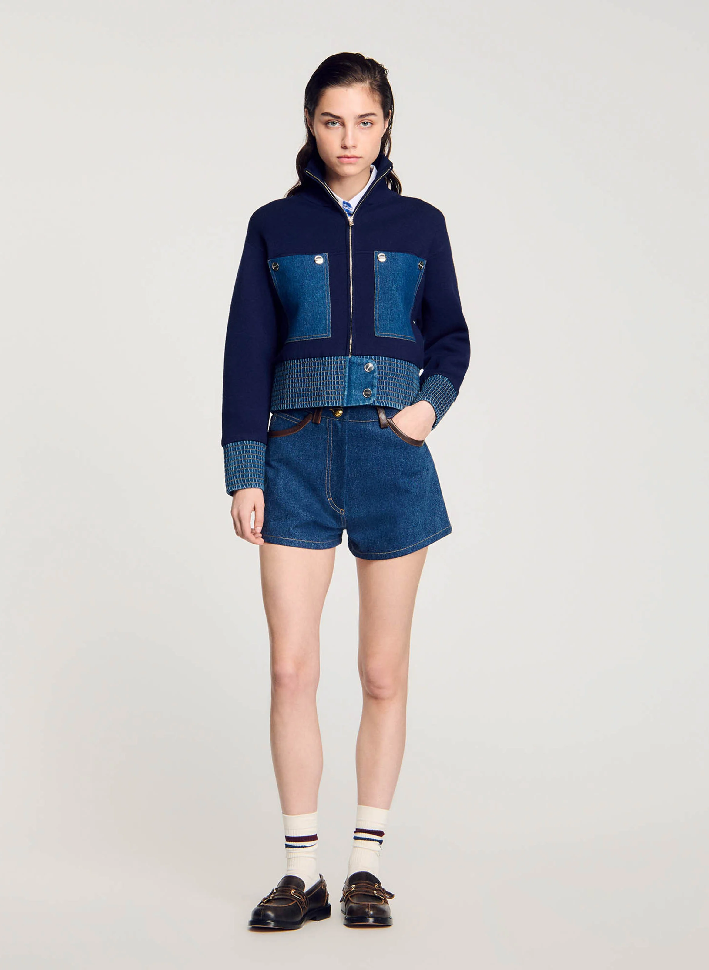 Blouson col montant droit en maille | Bleu