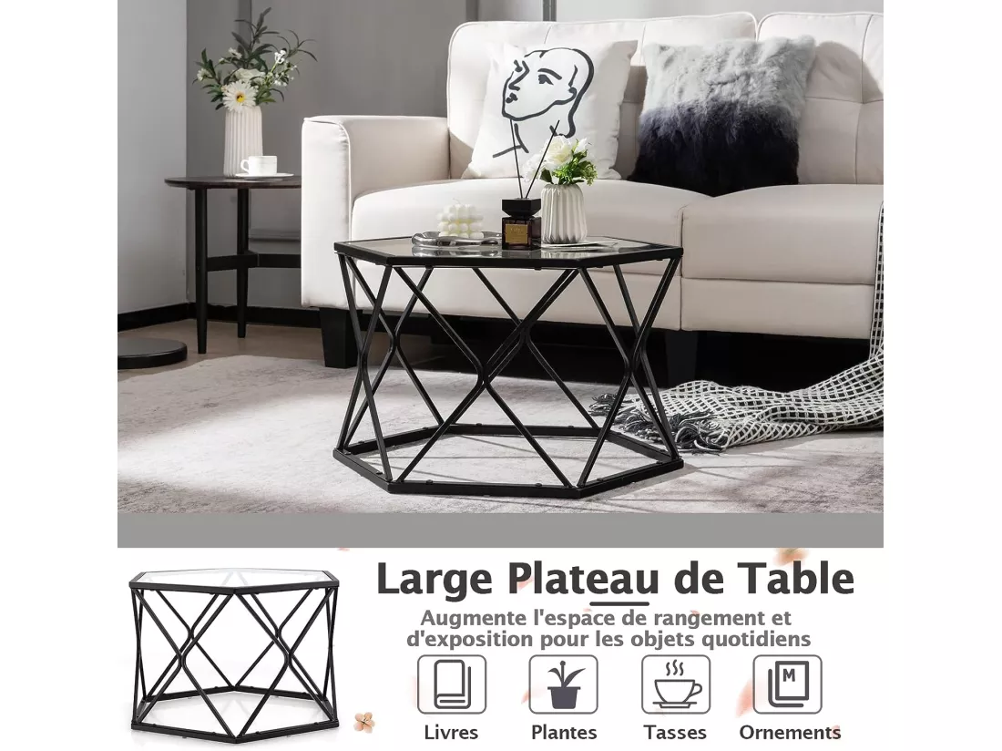 Table Salon Basse avec Plateau en Verre Trempé, 65 x 56 x 40cm, Noir
