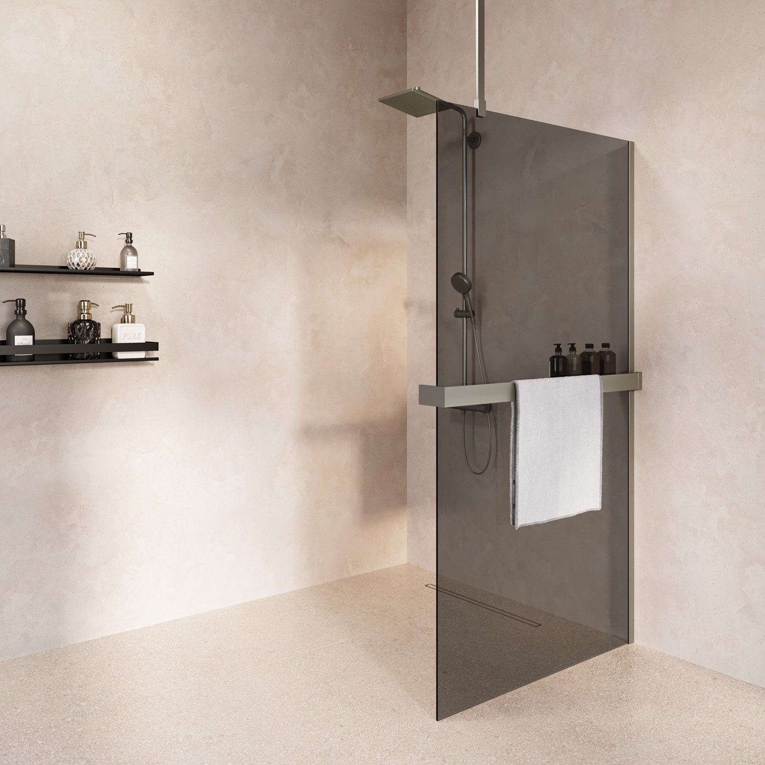 Saniclear Bright inloopdouche 100cm met handdoekhouder en rookglas RVS