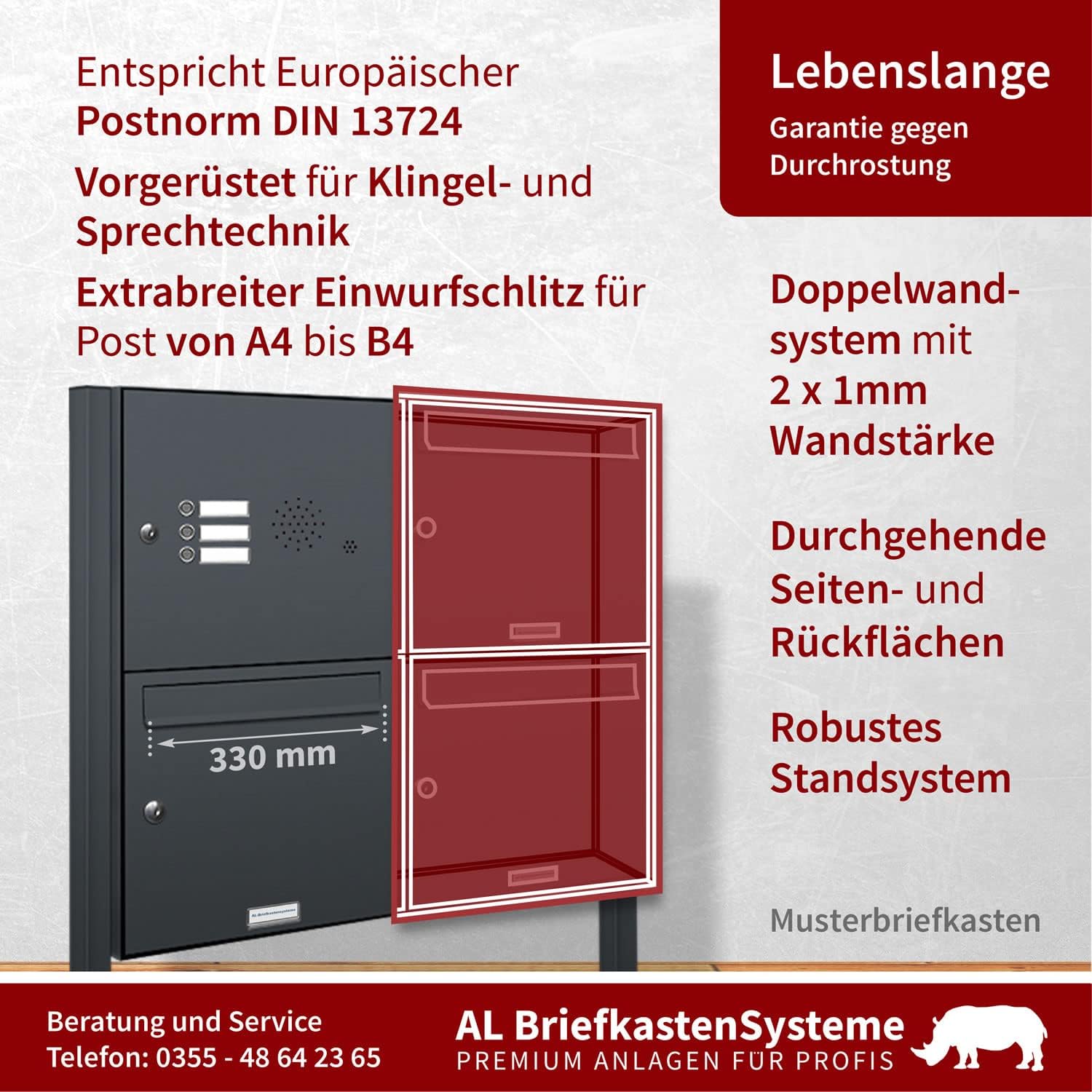 AL Briefkastensysteme 1er Standbriefkasten Anthrazitgrau RAL 7016 mit Klingel als 1 Fach Briefkastenanlage in Postkasten Briefkasten Design modern