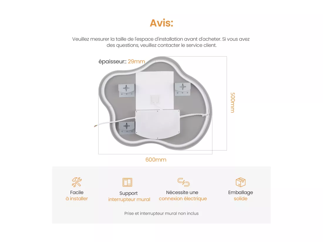 EMKE Miroir lumineux salle de bain sans cadre 60x50cm , Miroir LED avec Interrupteur Tactile, Anti-buée, Miroir avec 3 couleurs de Lumières