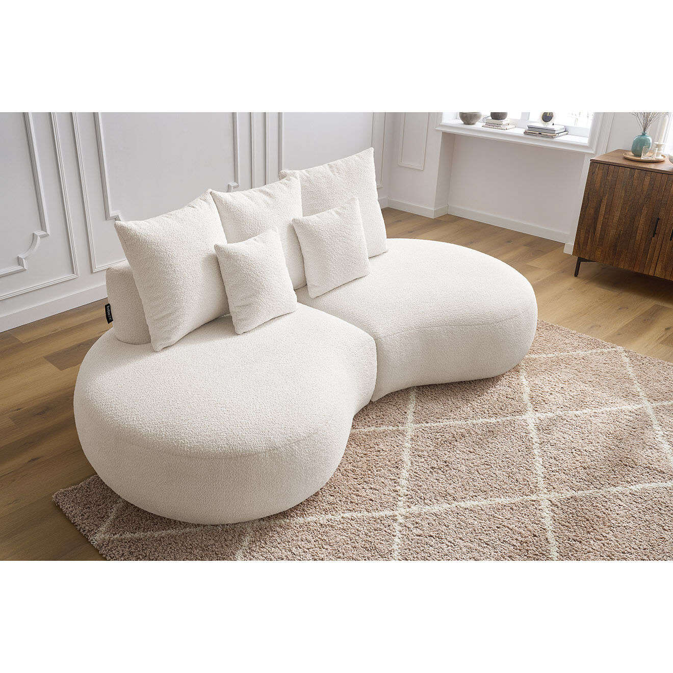 Bobochic Canapé droit fixe 3 places saint-germain tissu bouclette blanc - 260x145x92 cm