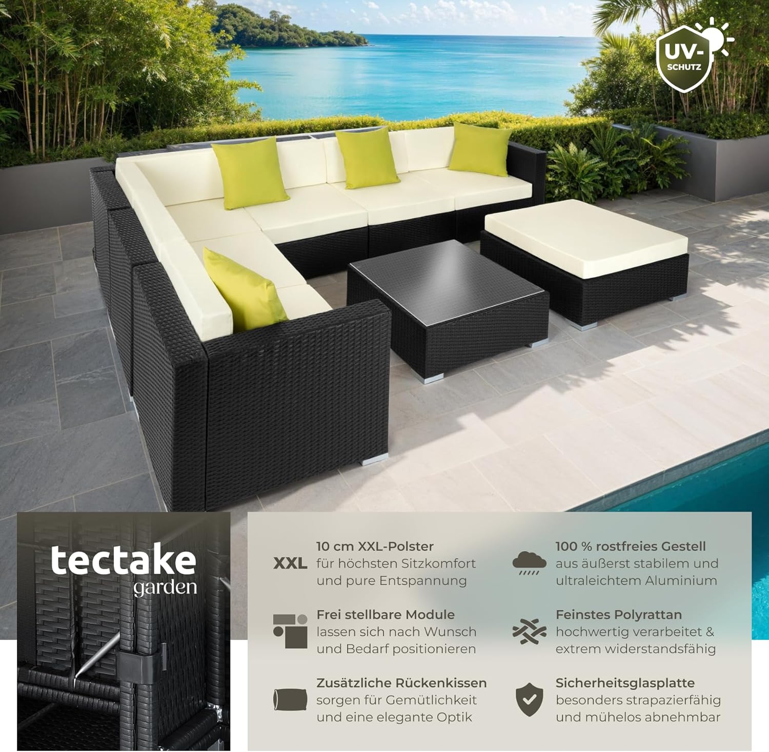 tectake® Poly Rattan Lounge, Garten Loungemöbel Set für 6 Personen, große Sitzgruppe mit L-Form Sofa und Esstisch Outdoor, Gartenmöbel wetterfest, Terrassenmöbel inkl. Hocker und Kissen - schwarz
