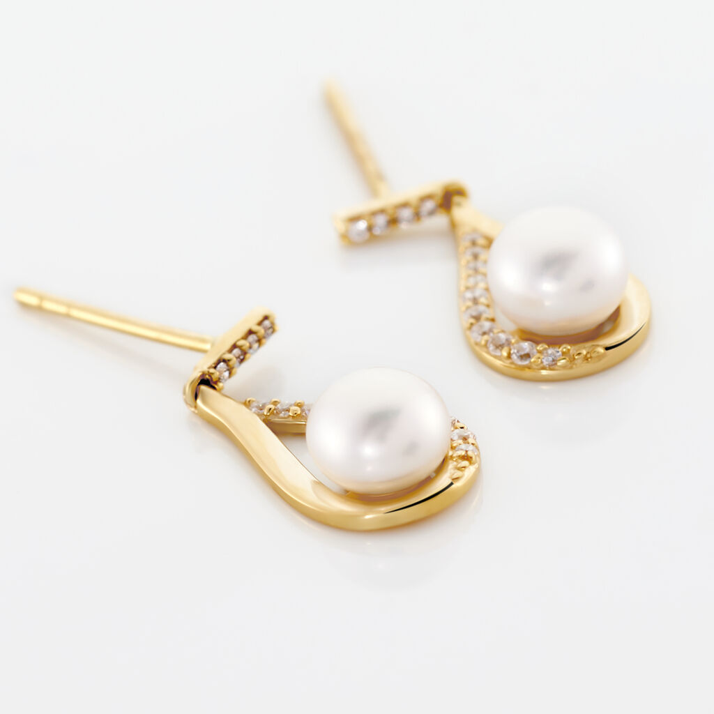 Boucles D'oreilles Pendantes Helin Or Jaune Perle De Culture Et Oxyde