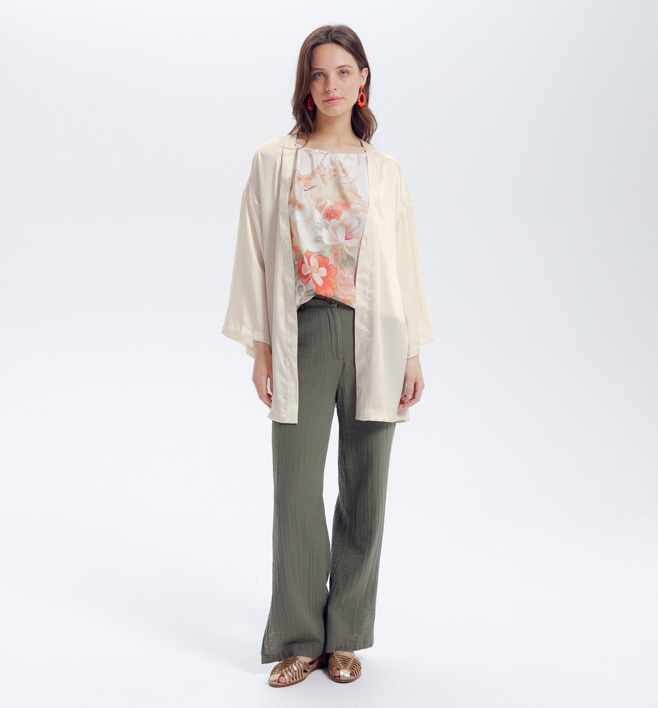 Veste kimono en satin Femme - Imprimé écru