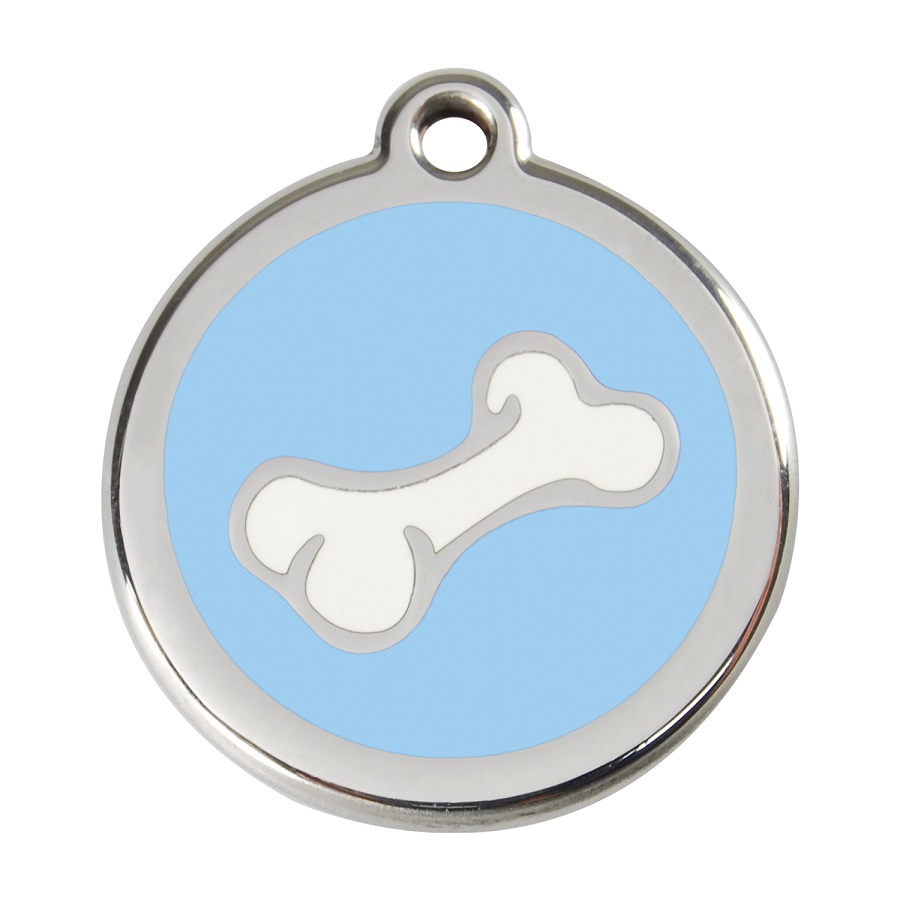 Placa de identificação para cães em aço inoxidável esmaltado com desenho de osso de desenho animado, azul claro.