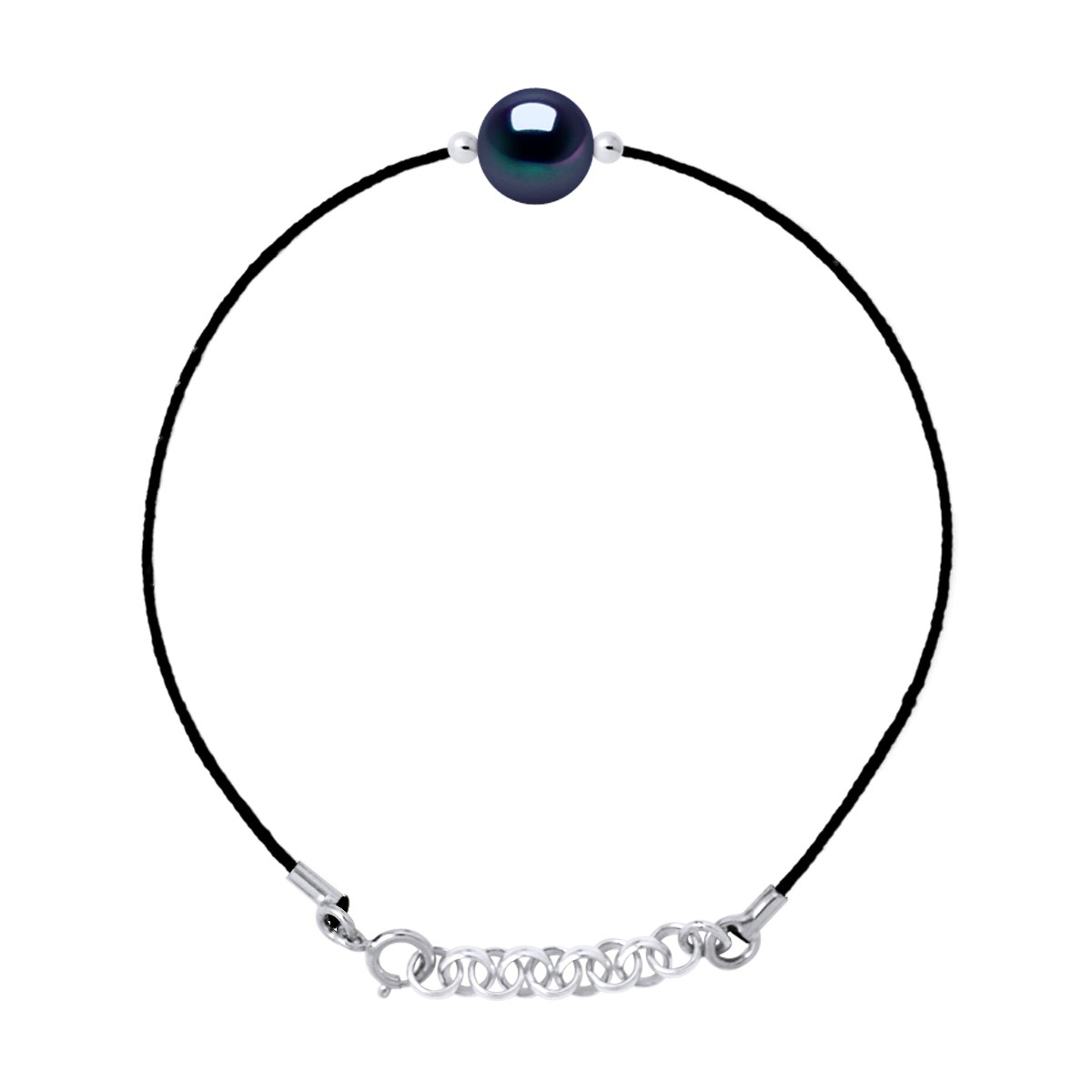 Bracelet LOVE LINK Perle d'Eau Douce Ronde 9-10 mm Noire Lien Nylon Noir Argent 925