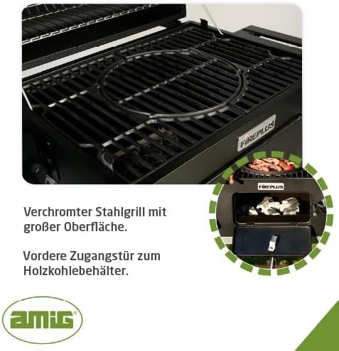 Amig - Holzkohlegrill- Fireplus Tragbarer Barbacue - Grill mit Rädern und Seitenablagen - Belüftungssystem und Aschebehälter - Stahlgrill 57 x 42 cm - Maße: 116-5 x 13-1 x 56 cm