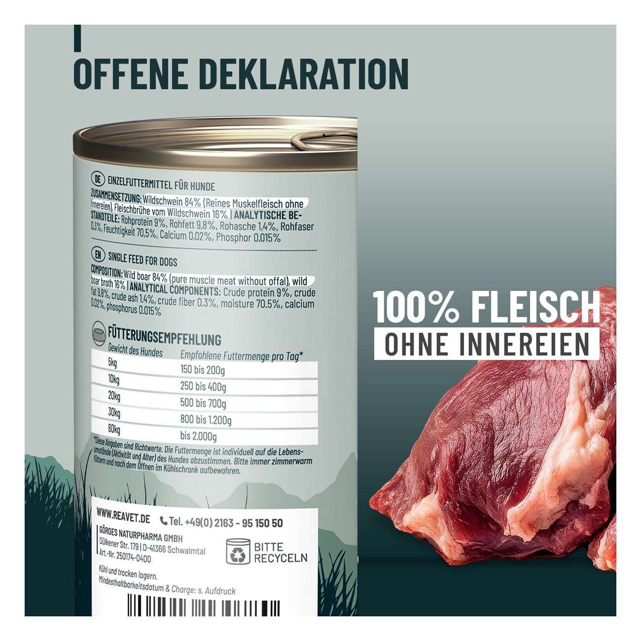 REAVET Hunde Nassfutter - Wildschwein PUR 6x400 g