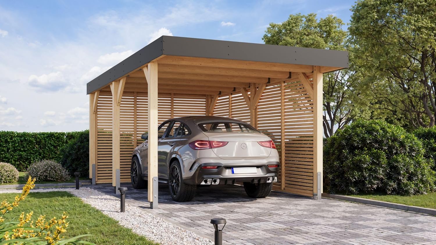 Karibu Leimholzcarport mit EIN oder Zwei Stellplätzen, optional mit Seitenwänden (Einzelcarport - mit Seitenwänden)