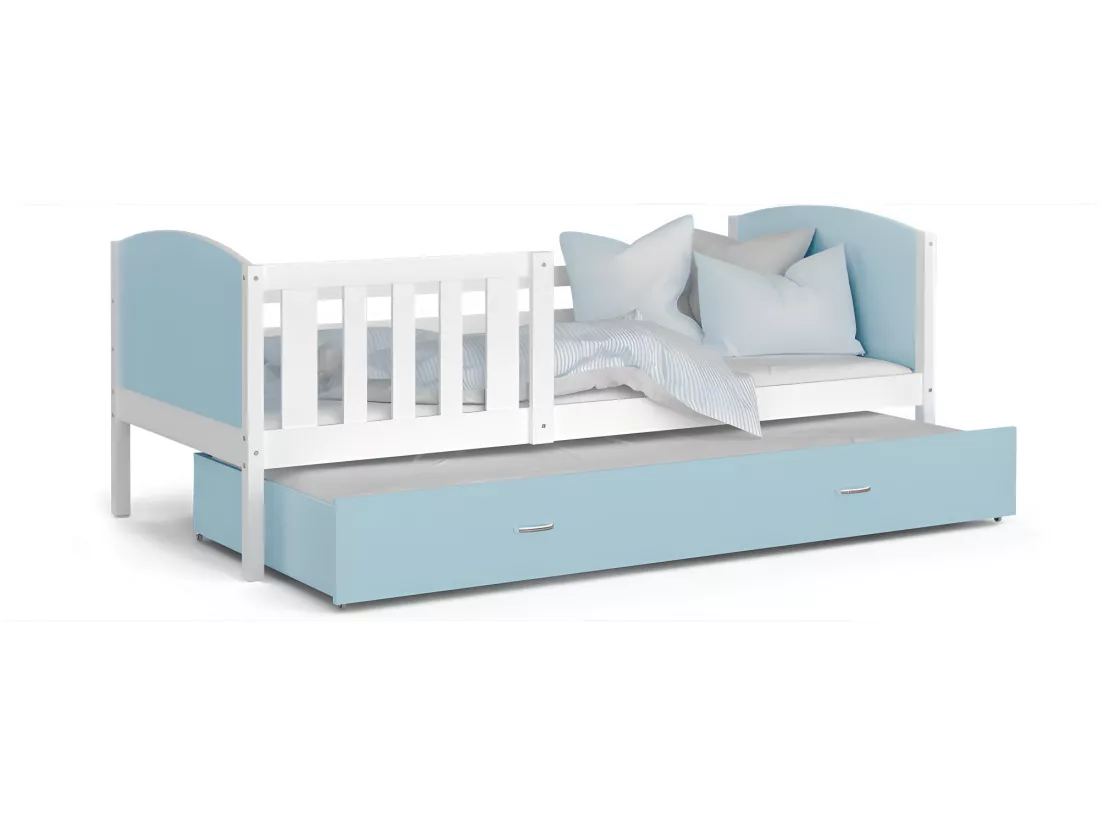 Lit Gigogne Tomy 90x190 Blanc - bleu Livré avec sommiers, tiroir et matelas en mousse de 7cm