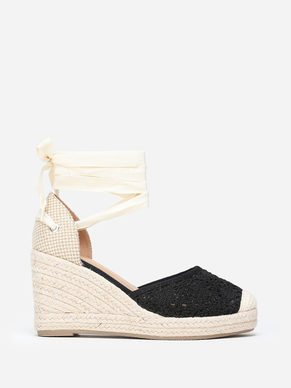 Espadrilles compensées dentelées à nouer- Noir