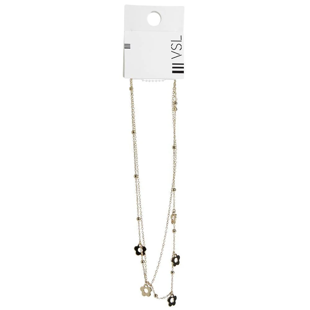 Collier chaîne 2 rangs avec perles et fleurs dorées