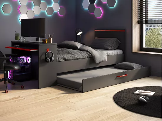 Lit gigogne gamer2 x 90 x 200 cm - Avec bureau - LEDs - Anthracite et rouge + Sommier - VOUANI
