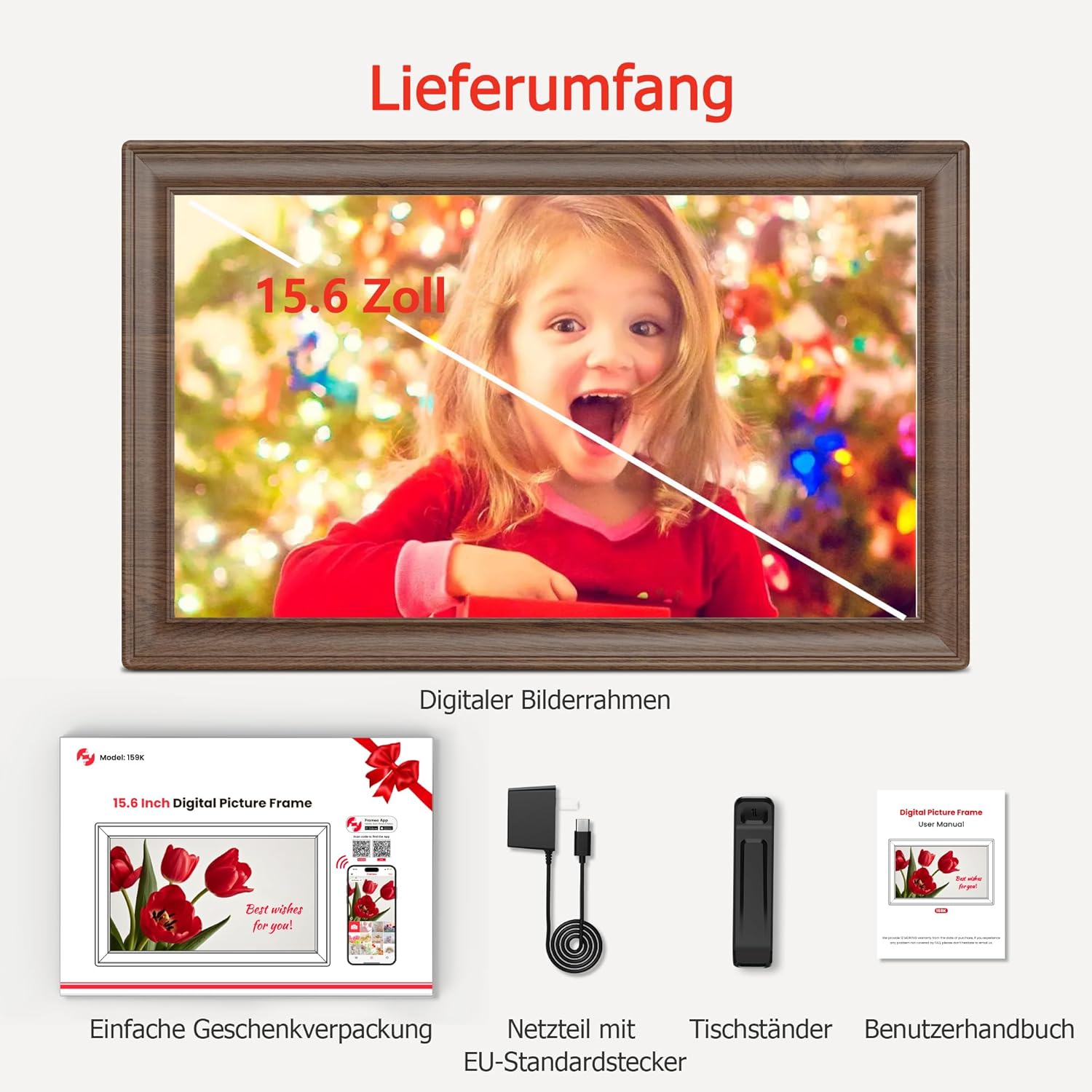 64GB FRAMEO 15.6 Zoll Digitaler Bilderrahmen 64GB Holzmaserung - FHD 1920 * 1080P IPS Touchscreen Digitale Bilderrahmen Auto Rotation Elektronischer Fotorahmen, Teilen Sie Fotos/Videos Sofort