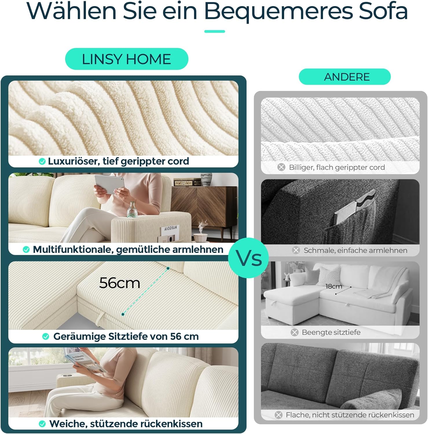 LINSY HOME Schlafsofa Ausziehbarer Couch, Ecksofa mit Schlaffunktion, Stauraum, Cord-Bezug L-Form Modulare Sofas mit Chaiselongue für Wohnzimmer und Wohnungen (Beige, L-Form)
