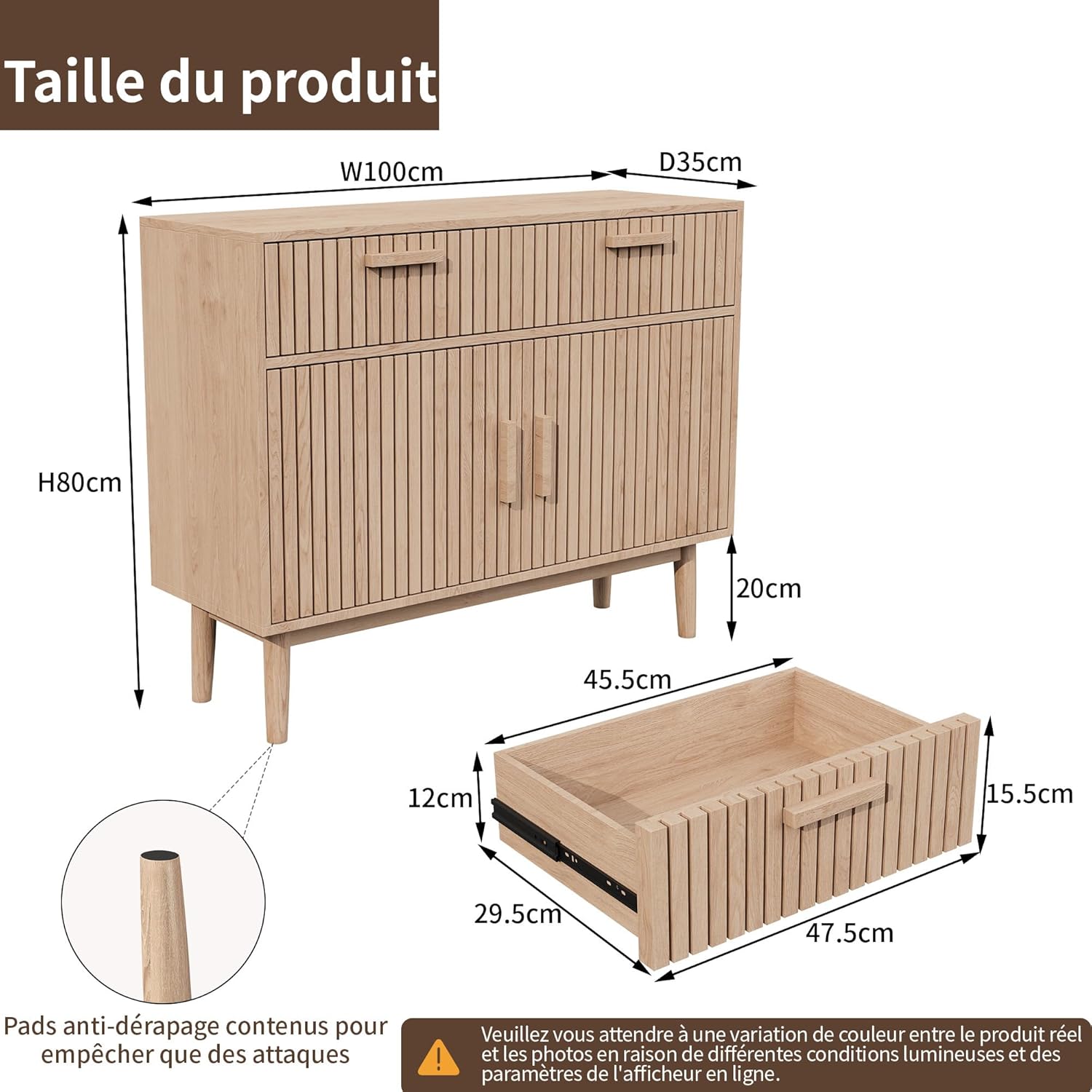 Rattan Sideboard Kommode mit 2 Schublanden und 2 Türen,100x35x80 cm Küchenschrank, Aufbewahrungskommode, Rattan Sideboard Schrank Beistellschrank, kommode Schmal, Modern Schrank für Wohnzimmer