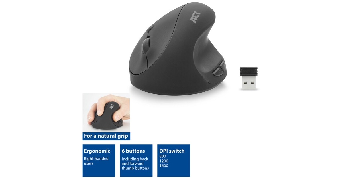 ACT ConnectivityDraadloze Ergonomische Muis  (Zwart, 800 - 1600 DPI)